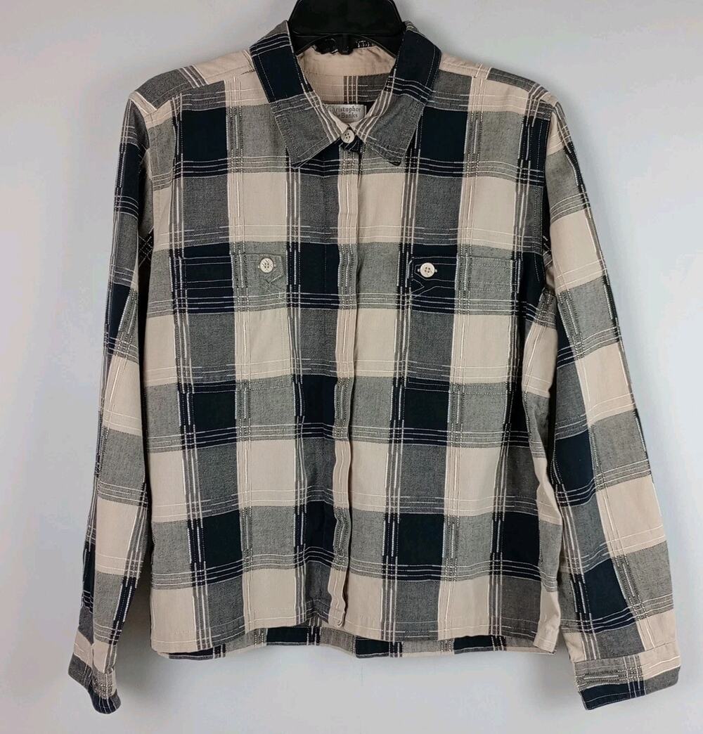 Christopher & Banks Womens L Black Gray Tan Long‎ Sleeve Button Down Shirt
